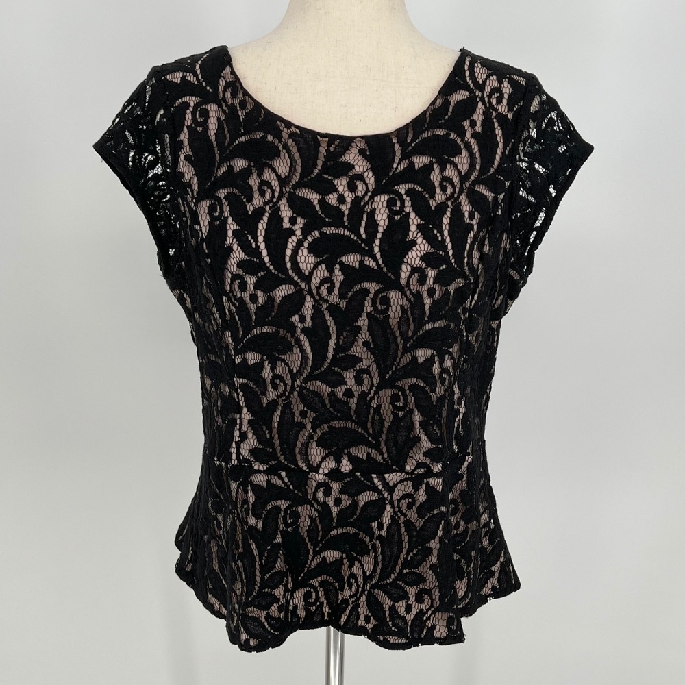 The Limited Womens Floral Lace Peplum Cap Sleeve Top Size L Black Goth Coquette